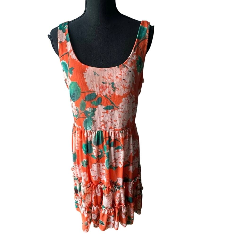 Calvin Klein Orange Floral Tiered Midi Dress Sleeveless A-Line Size 8 Chic